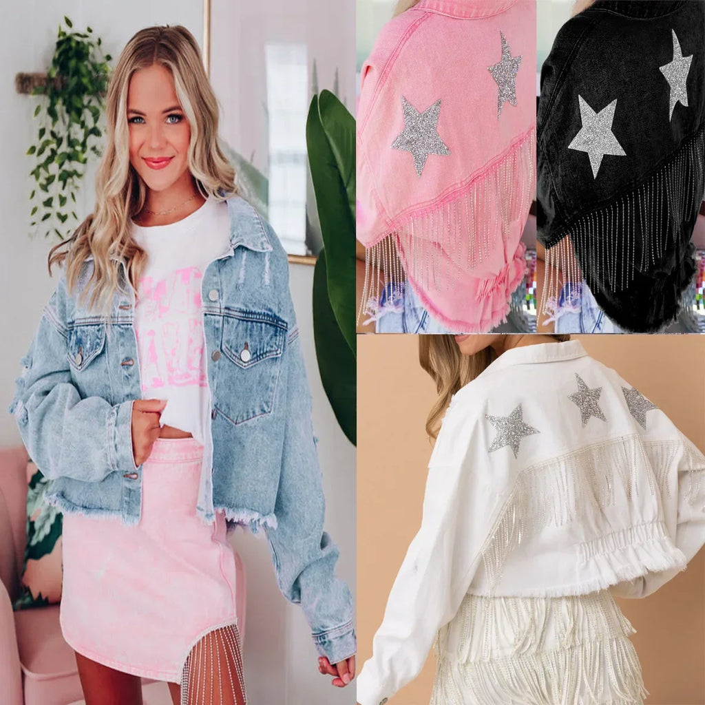 Autumn Winter Women Stars Sequined Tassels Denim Coat Raw Edge Chains Fringed Ripped Jeans Jacket Outwear Cardigan Chaquetas